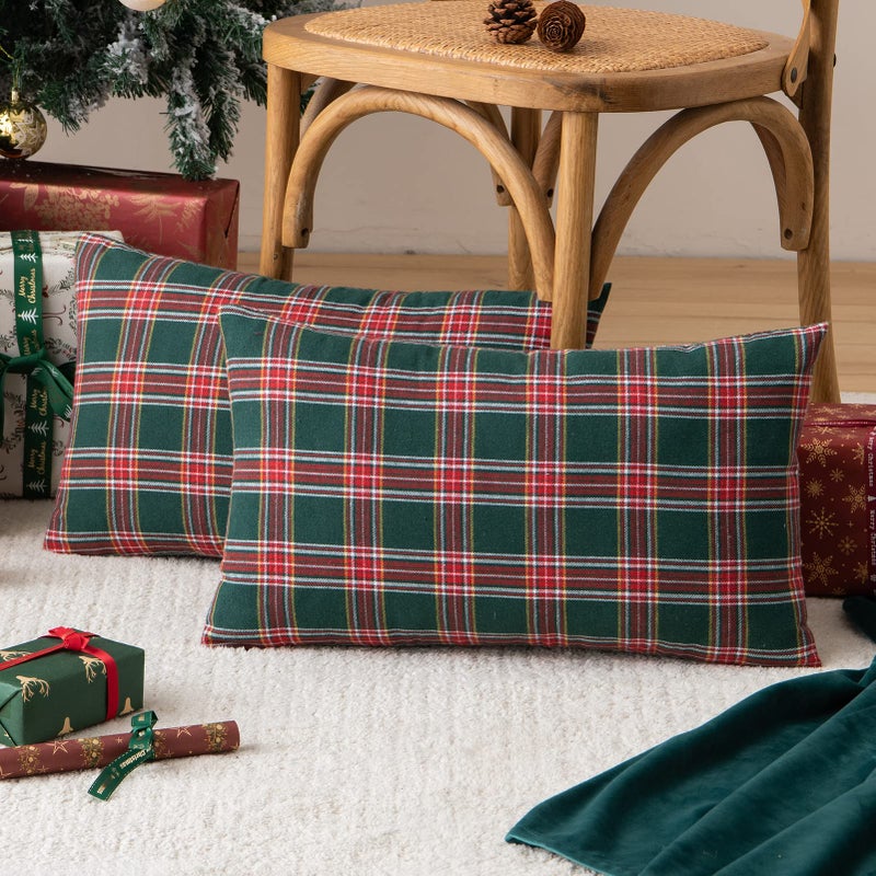 AQOTHES Pack of 2 Christmas Plaid Decorative Throw Pillow Covers Scottish Tartan Cushion Case for Farmhouse Home Holiday Decor Red and Green  12 x 20 Inches - Image 1