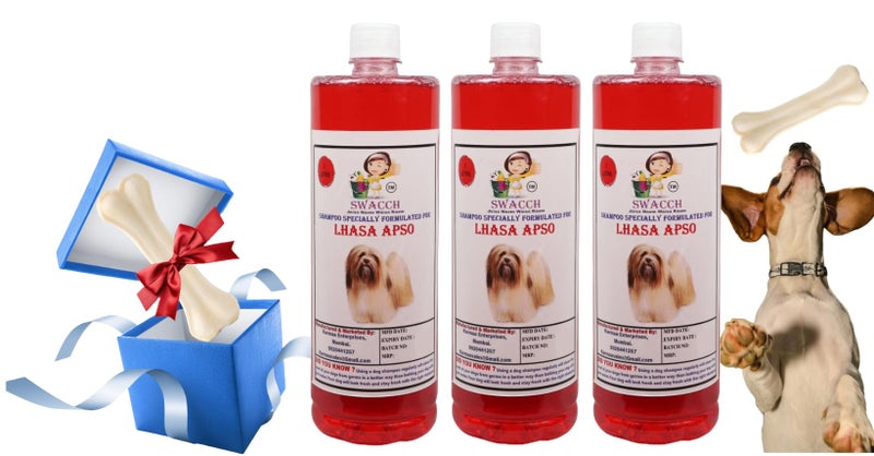 swacch Shampoo | Puppy Safe Shampoo | Lhasa Apso Dog Shampoo (1 Litre) (Pack of 3) Strawberry + Large White Bone | Dog Chew Bones | Teething chew Toy | Dental Teething |Combo Pack - Image 1
