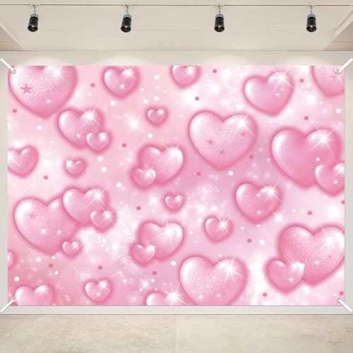Kreyfer 7 x 5 FT Heart Valentine’s Day Backdrop – Pink Romantic Sparkling Heart Photography Background for Wedding, Engagement, Birthday, and Love-Themed Party Decorations - Image 1
