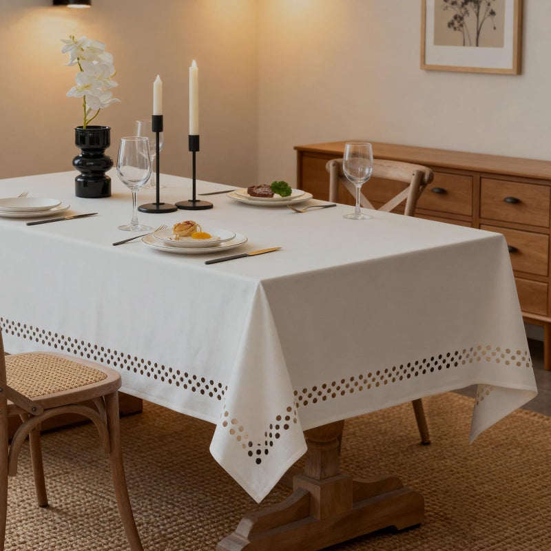 QDTTSRY Natural Cottton Blend Tablecloth, Rectangle Tablecloth with Decorative Cutouts, Stain Resistant & Wrinkle Free Table Cover for for Dining Table Farmhouse Kitchen, 70" x 52" (Rectangular) - Image 1