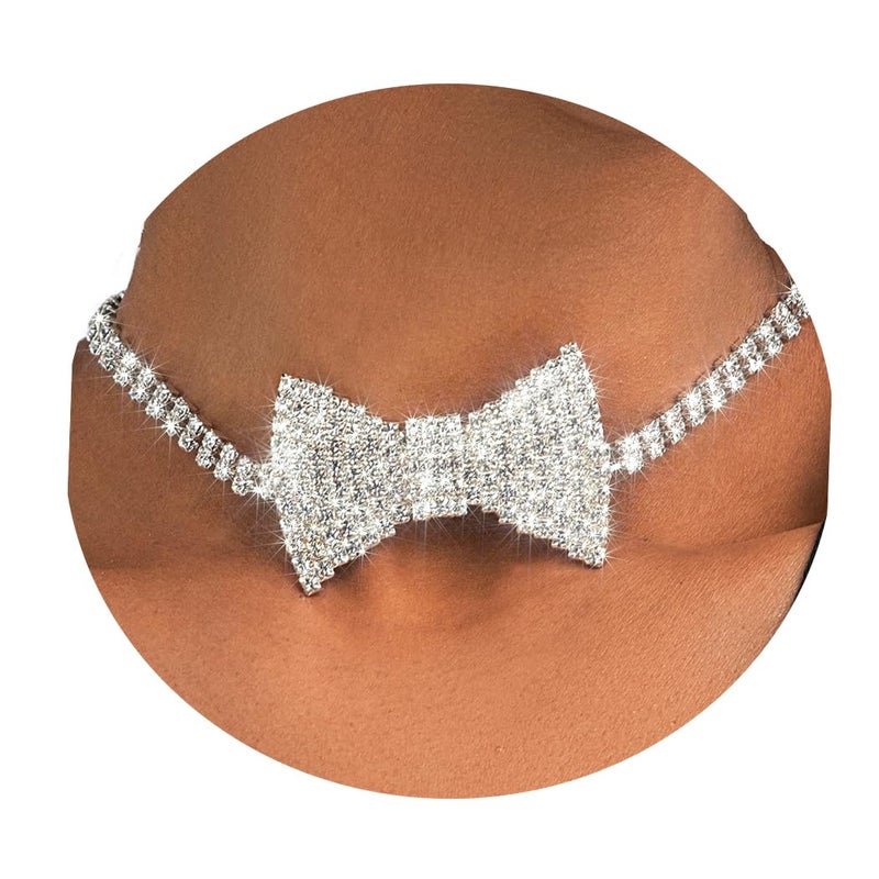 ELABEST Sparkly Rhinestone Necklace Bowtie Crystal Choker Bowknot Tennis Chain Wedding Bridal Bridesmaid Costume Jewelry for Women