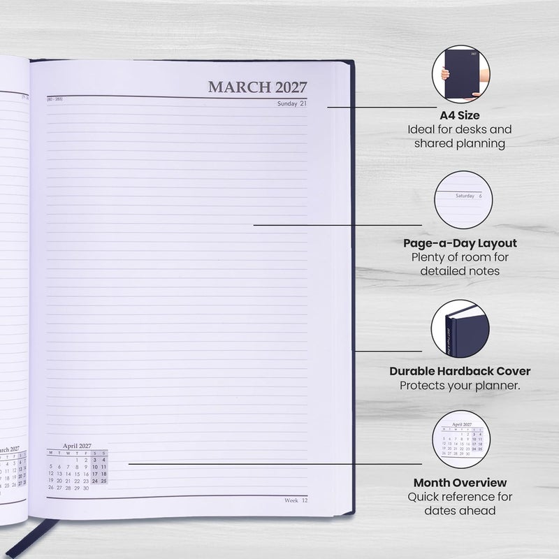 evelay 2027 Diary A4 A5 Page a Day - Hardback Planner Organiser Journal with 70gsm Paper & Ribbon Marker - Ideal for Work, School & Personal Planning (A4, Navy) - Image 4