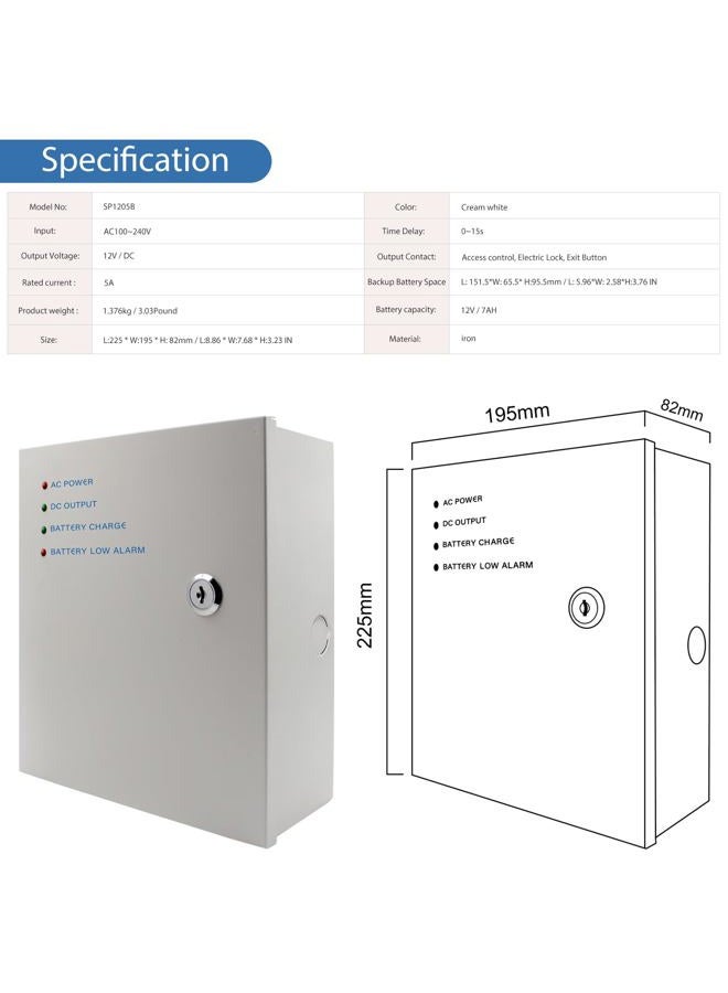 NCLTHS وحدة تحكم إمداد الطاقة AC 110-240V إلى DC 12V 5A في صندوق معدني مزود بوحدة إمداد طاقة UPS منظمة مع رابط بطارية احتياطية لنظام دخول الوصول (البطارية غير مدرجة) (SP1205B（ DC12V / 5A ）) - Image 5