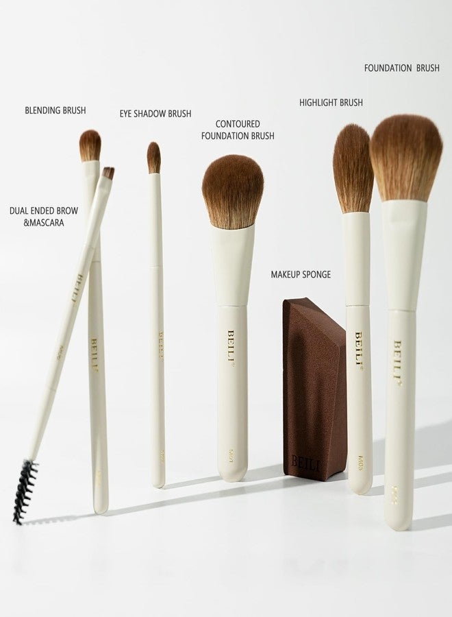 BEILI Mini 6Pcs Makeup Brush Set – Elegant Off White, Professional Travel Brushes for Foundation, Contour, Highlighter & Blending, with Sponge and Gift Box - Image 2