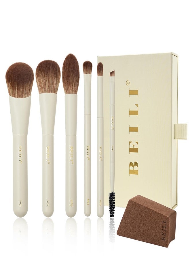 BEILI Mini 6Pcs Makeup Brush Set – Elegant Off White, Professional Travel Brushes for Foundation, Contour, Highlighter & Blending, with Sponge and Gift Box - Image 1