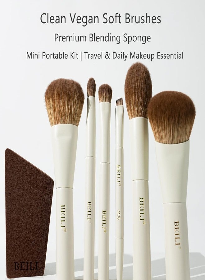 BEILI Mini 6Pcs Makeup Brush Set – Elegant Off White, Professional Travel Brushes for Foundation, Contour, Highlighter & Blending, with Sponge and Gift Box - Image 3