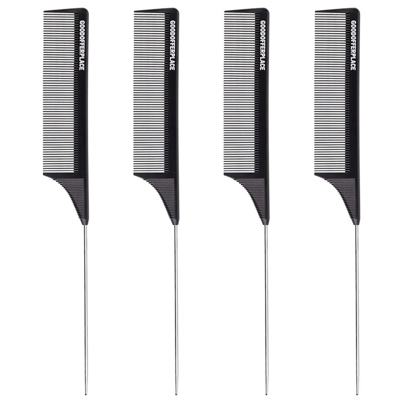 Goodofferplace 4 PCS Rat Tail Combs Parting Rattail Combs Teasing Fine Tooth Comb with Metal Pick for Curly HairDetangling Combs for WomenParting Combs for BraidingStyling HairBlack
