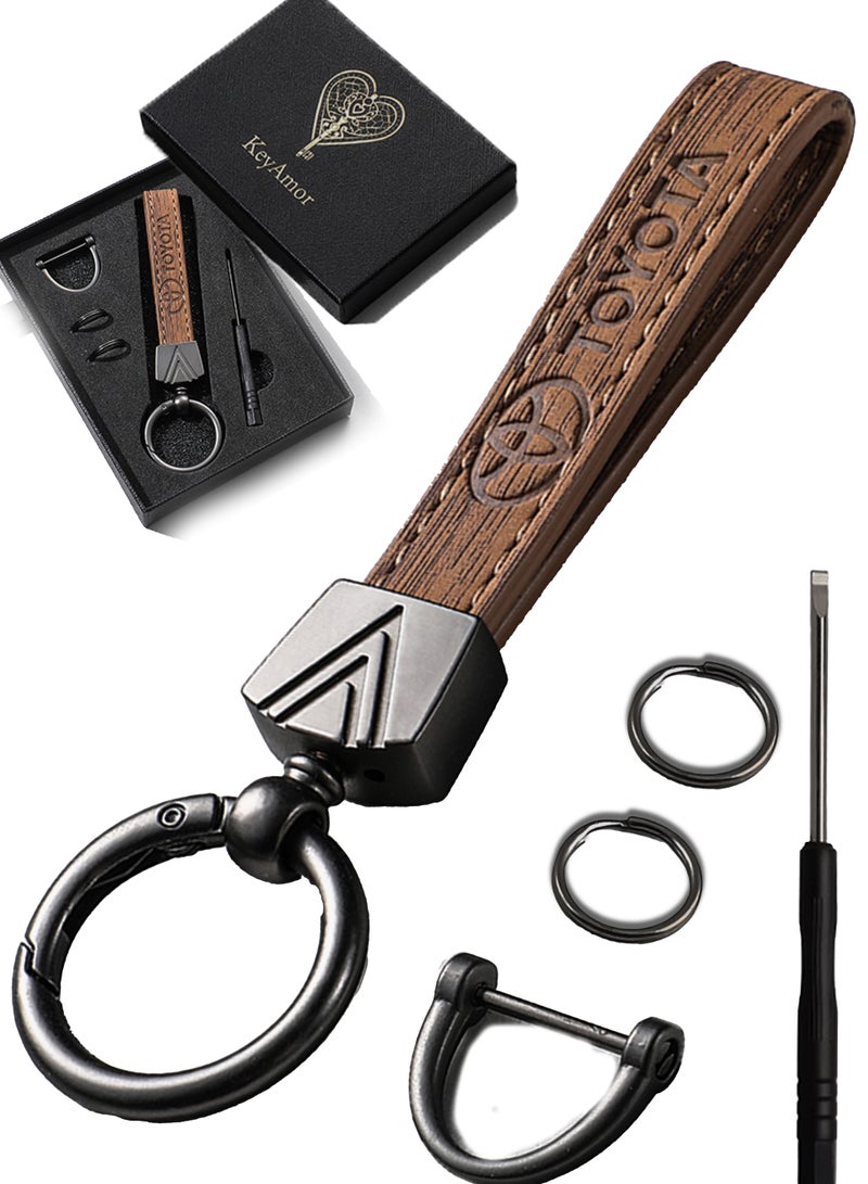 كيامور سلسلة مفاتيح أنيقة من المعدن والجلد الأسود مع شعار تويوتا للبالغين تحتوي على ٣ حلقات مفاتيح مثالية كهدية فاخرة أو إكسسوار للسيارة مصممة باللون الأسود العصري لمظهر حديث تدور بزاوية ٣٦٠ درجة لسهولة الاستخدام مناسبة للرجال والنساء وتأتي في علبة هدايا فاخرة - Image 1