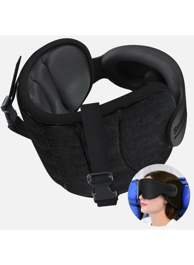 Travel Pillow (Original Product, Exclusive by ) Airplane Travel Pillow with Eye Mask, 360° Head Support for Long Flights, Black - Image 1
