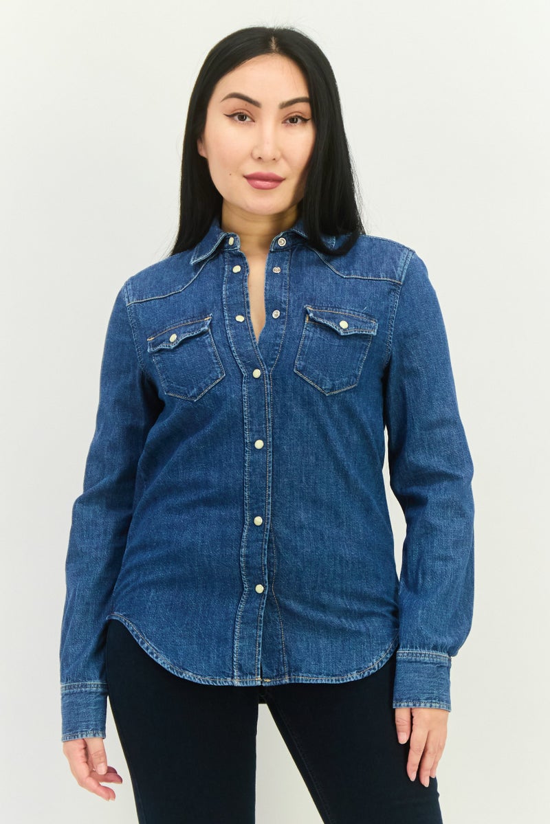 GANT Women Spread Collar Long Sleeves Washed Shirt, Blue - Image 1