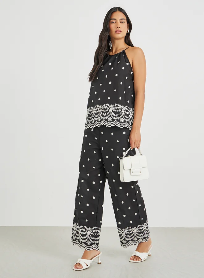 Styli Styli Printed Wide Leg Lace Hem Trousers