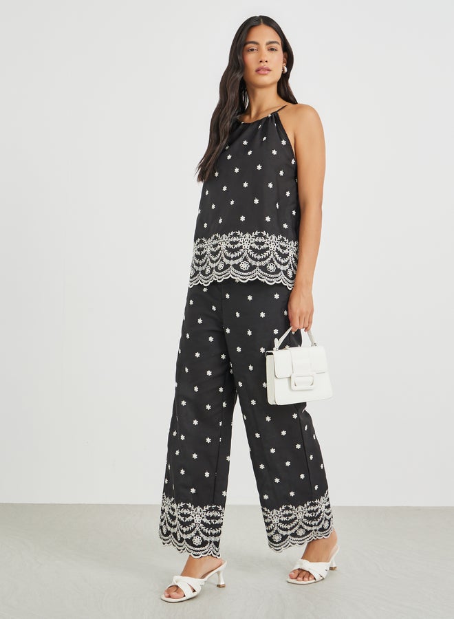 Styli Printed Wide Leg Lace Hem Trousers - Image 3