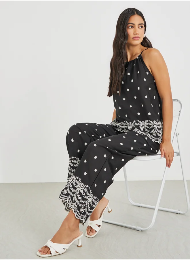 ستايلي Styli Printed Wide Leg Lace Hem Trousers