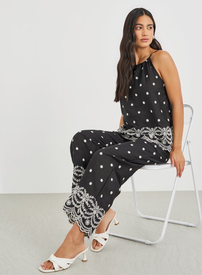 Styli Printed Wide Leg Lace Hem Trousers - Image 1
