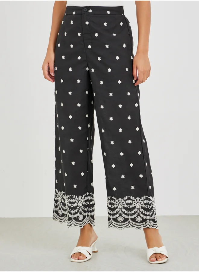 ستايلي Styli Printed Wide Leg Lace Hem Trousers