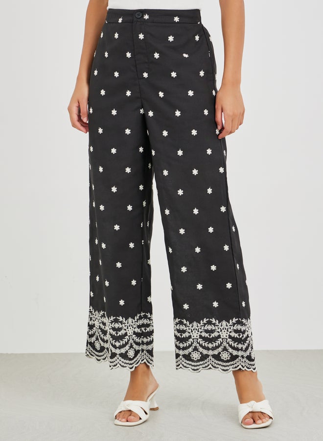 Styli Printed Wide Leg Lace Hem Trousers - Image 2