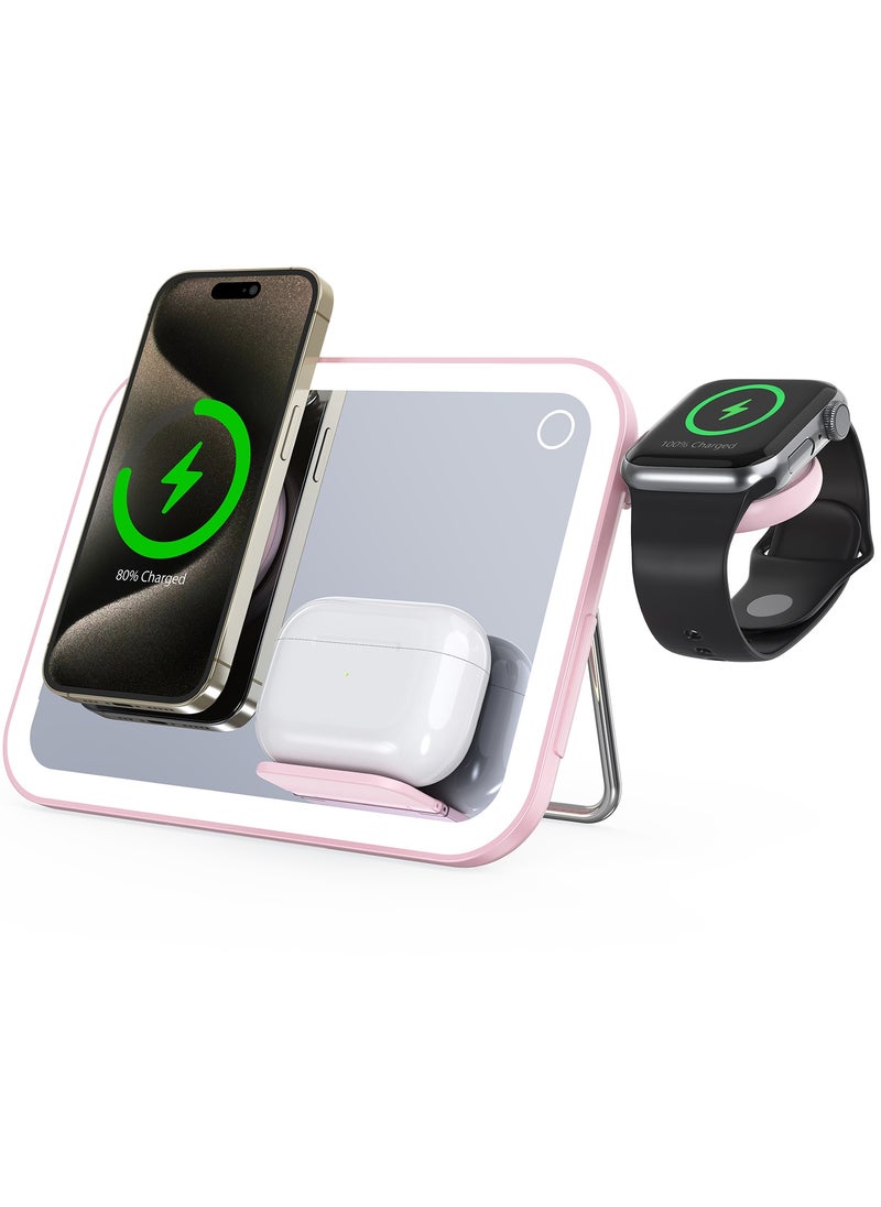 porodo - Multi-Device Wireless Charging Mirror with Lights / MagSafe Compatible / Adjustable Stand / Mirror with Light / LED Night Light / Stainless Steel Material - Pink - Image 1