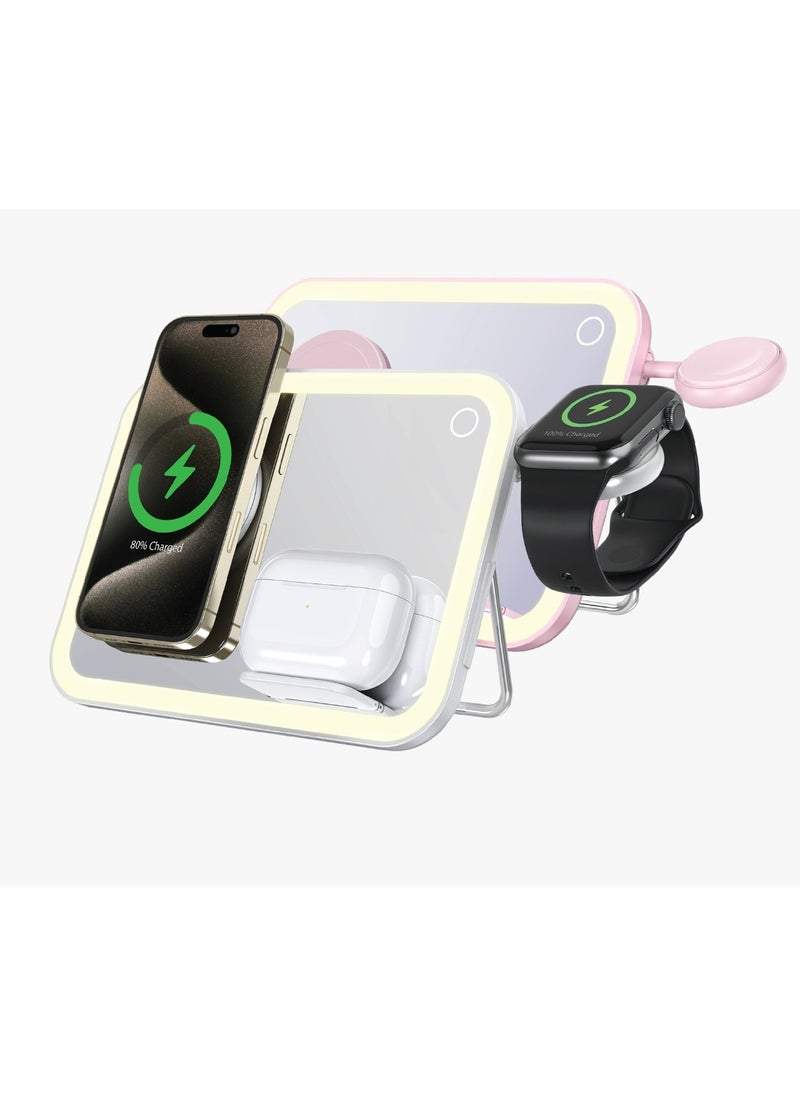 porodo - Multi-Device Wireless Charging Mirror with Lights / MagSafe Compatible / Adjustable Stand / Mirror with Light / LED Night Light / Stainless Steel Material - Pink - Image 1