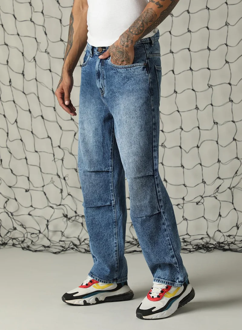 Hubberholme Men's Indigo 100% Cotton Distressed Full Length Loose Fit Jeans