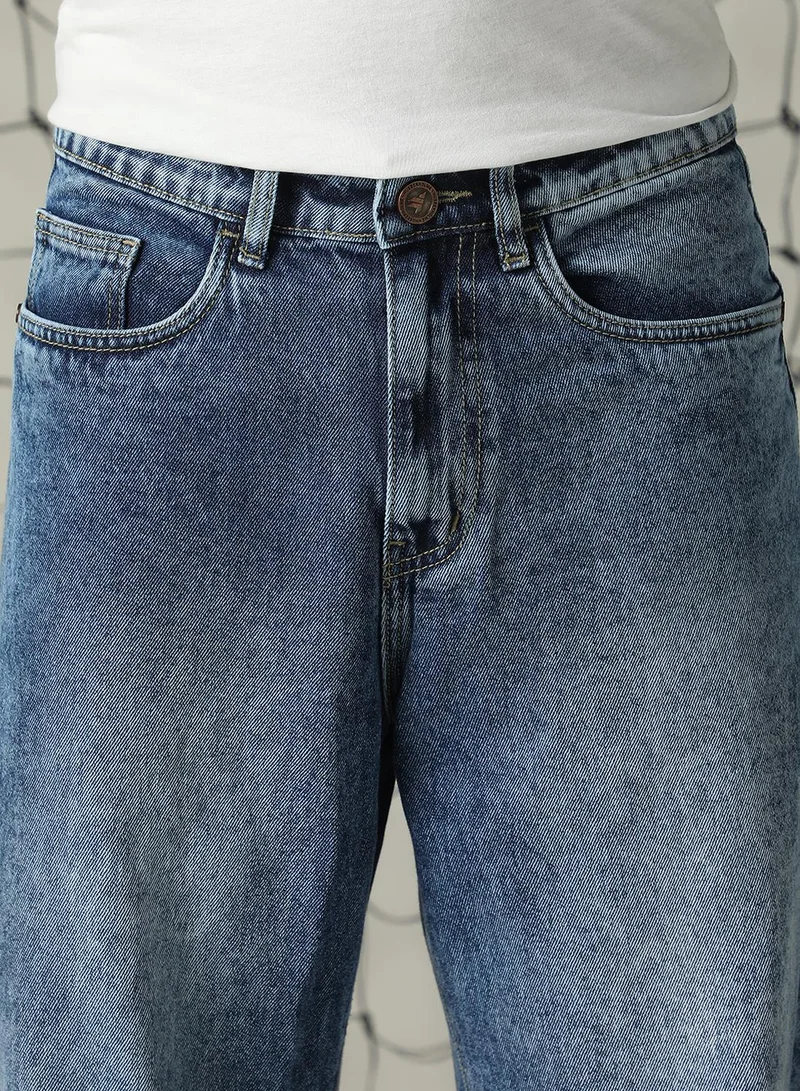 Hubberholme Men's Indigo 100% Cotton Distressed Full Length Loose Fit Jeans