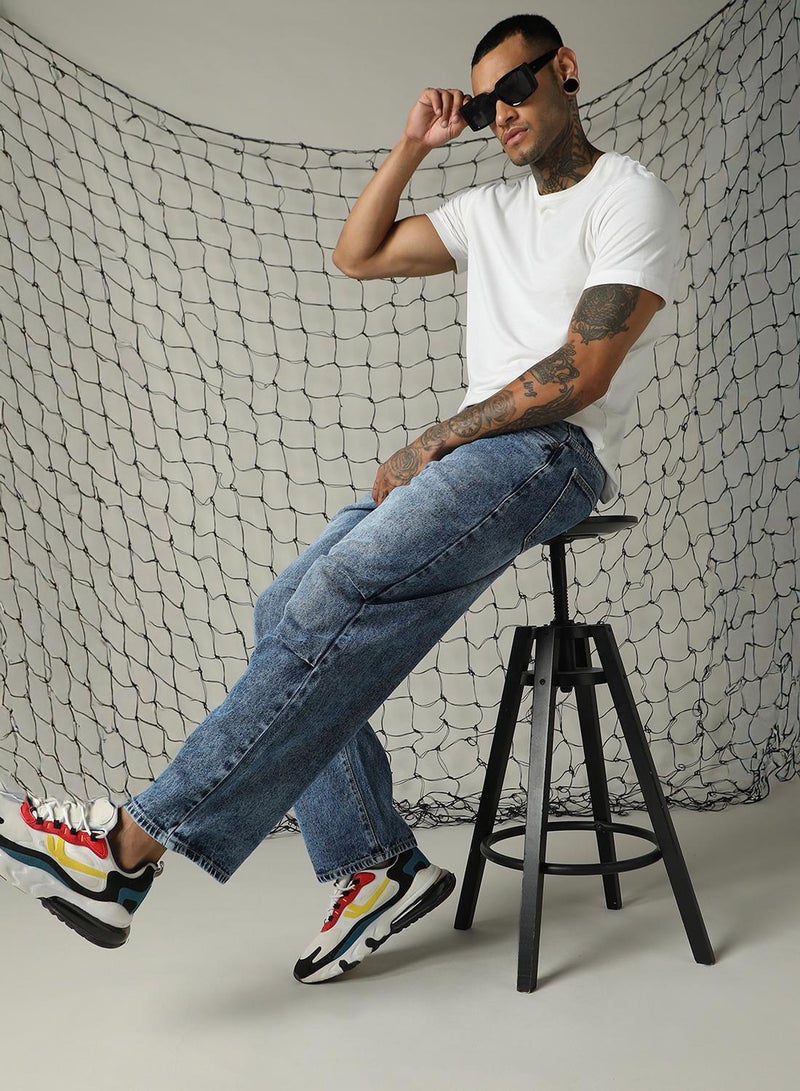 Hubberholme Men's Indigo 100% Cotton Distressed Full Length Loose Fit Jeans - Image 1