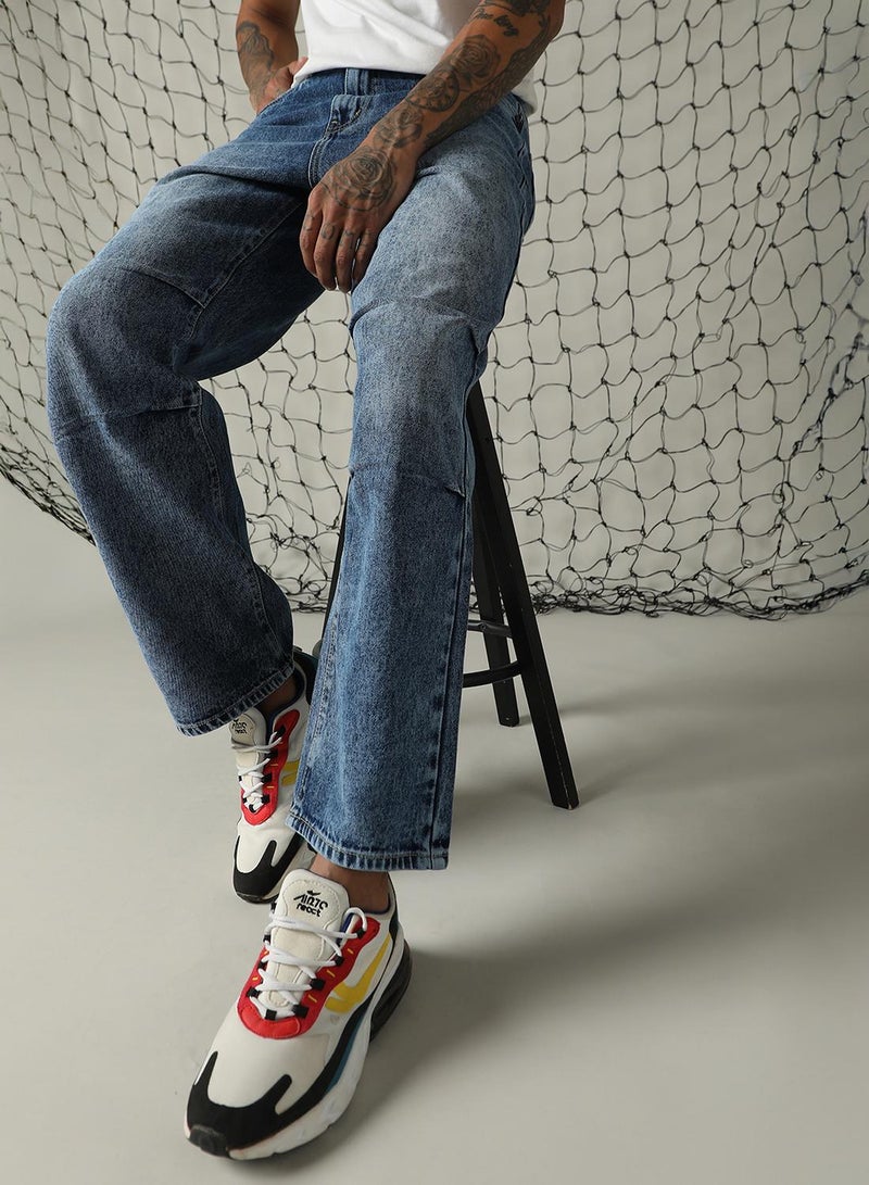 Hubberholme Men's Indigo 100% Cotton Distressed Full Length Loose Fit Jeans - Image 2