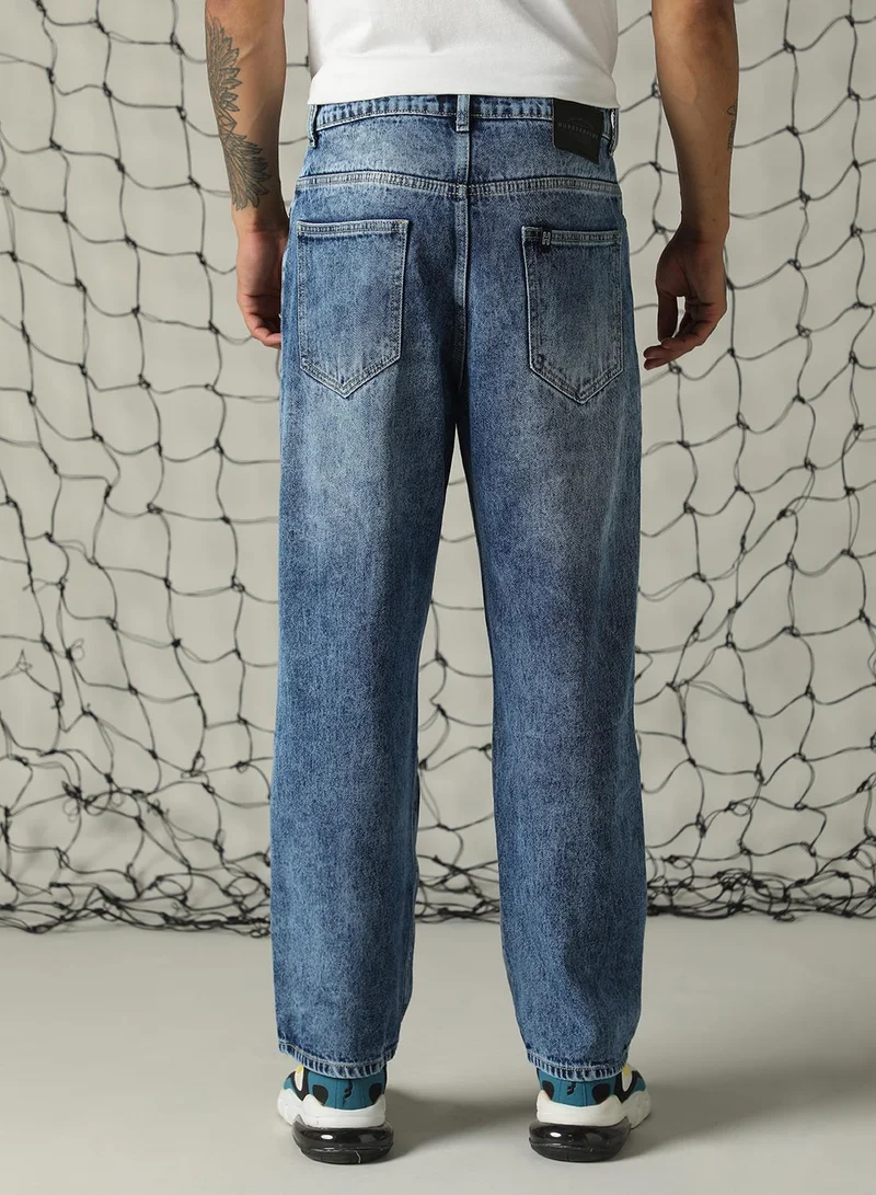 Hubberholme Men's Indigo 100% Cotton Distressed Full Length Loose Fit Jeans