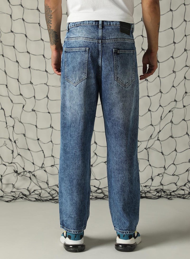 Hubberholme Men's Indigo 100% Cotton Distressed Full Length Loose Fit Jeans - Image 5