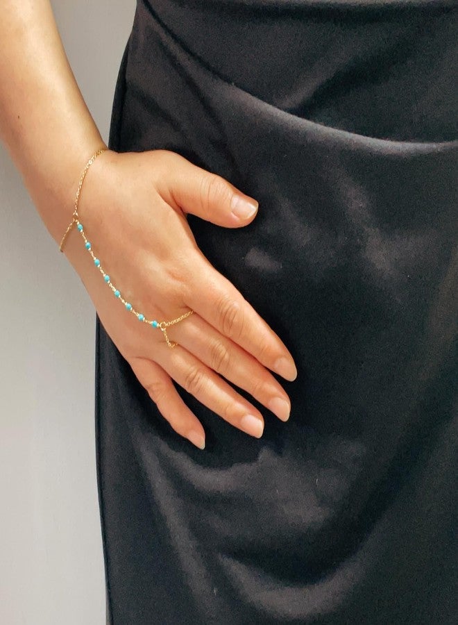 DeScount Dainty Gold Turquoise Hand Chain Bracelet,18K Real Gold Plated Minimalist Handmade Beaded Finger Chain Bracelets for Women - Image 2