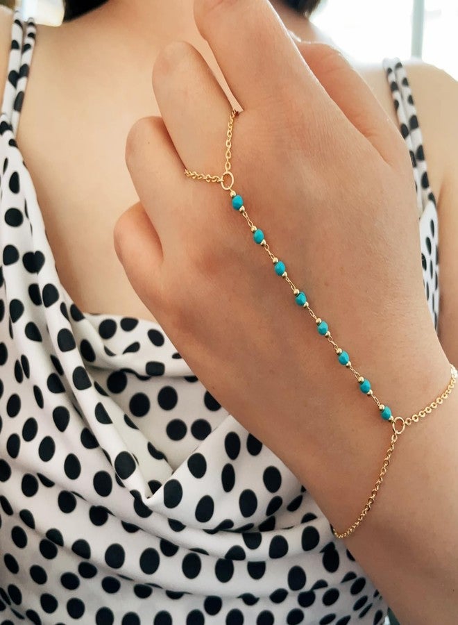 DeScount Dainty Gold Turquoise Hand Chain Bracelet,18K Real Gold Plated Minimalist Handmade Beaded Finger Chain Bracelets for Women - Image 4