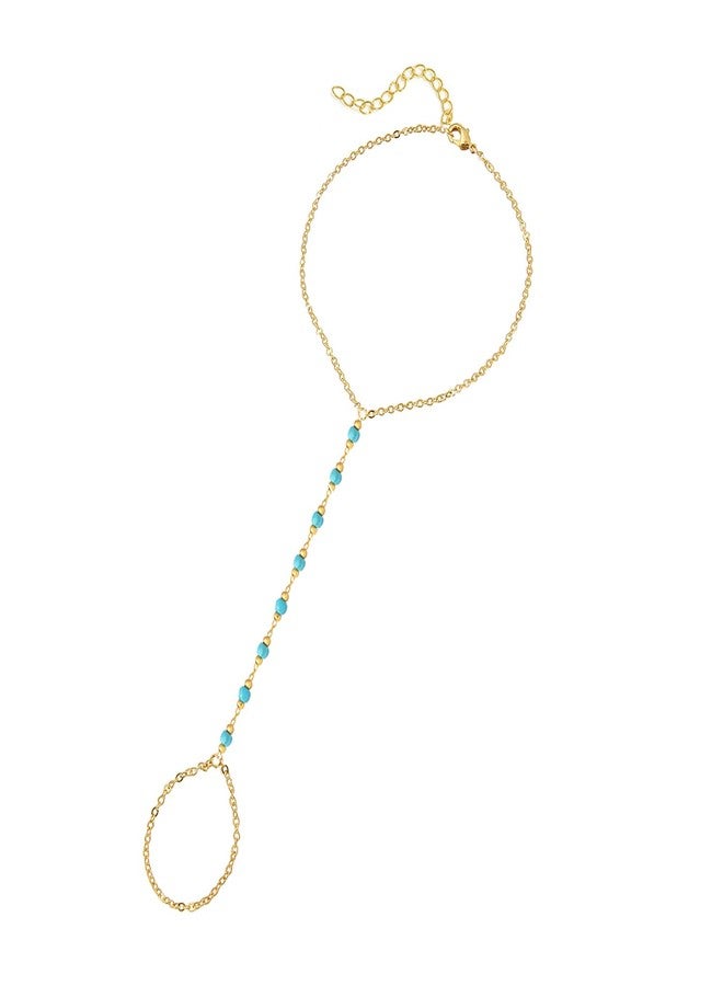 DeScount Dainty Gold Turquoise Hand Chain Bracelet,18K Real Gold Plated Minimalist Handmade Beaded Finger Chain Bracelets for Women - Image 1