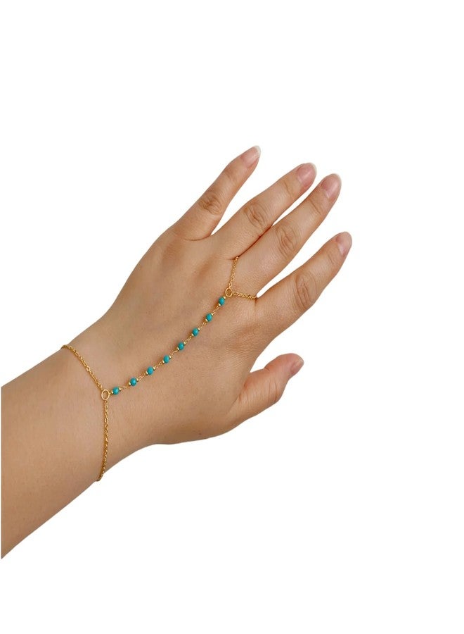 DeScount Dainty Gold Turquoise Hand Chain Bracelet,18K Real Gold Plated Minimalist Handmade Beaded Finger Chain Bracelets for Women - Image 3