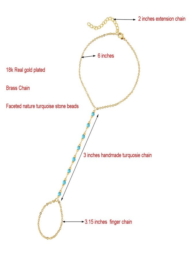 DeScount Dainty Gold Turquoise Hand Chain Bracelet,18K Real Gold Plated Minimalist Handmade Beaded Finger Chain Bracelets for Women - Image 5