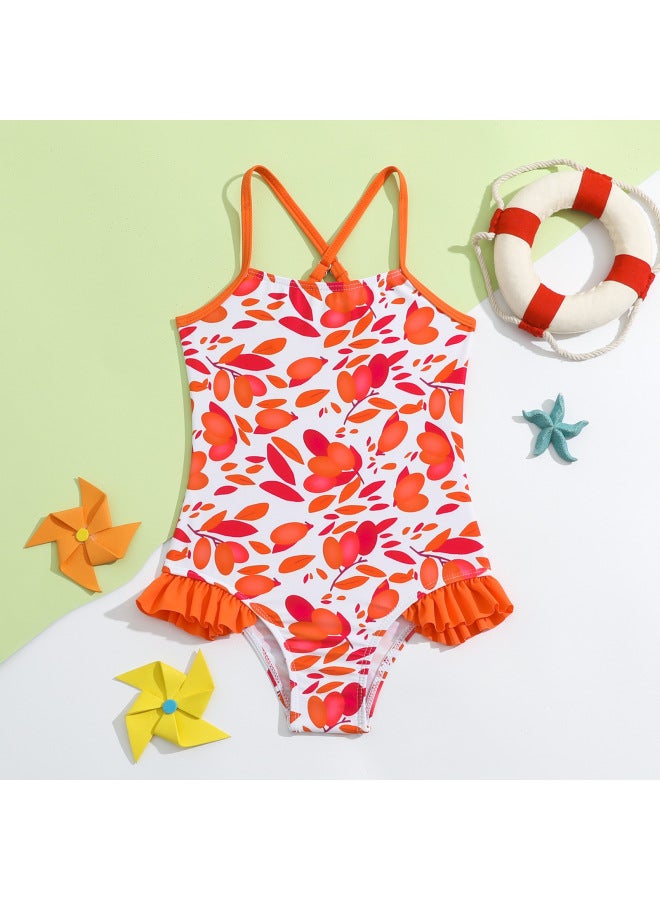 إسكدنيا ملابس سباحة للأطفال البنات قطعة واحدة بحزام مكشكش صغير منعش للأطفال الصغار البنات المثلث لعطلة الربيع الساخن أساسي - اللون: برتقالي أحمر - - Image 1