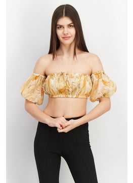 Asos Design Women Off Shoulder Neck Puffed Sleeve Allover Printed Crop Top, Yellow Combo  - Image 1