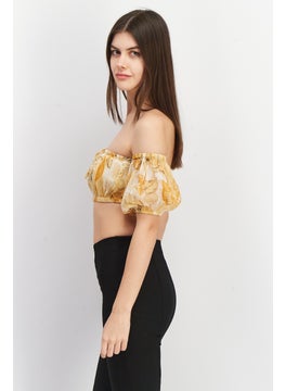 Asos Design Women Off Shoulder Neck Puffed Sleeve Allover Printed Crop Top, Yellow Combo  - Image 4