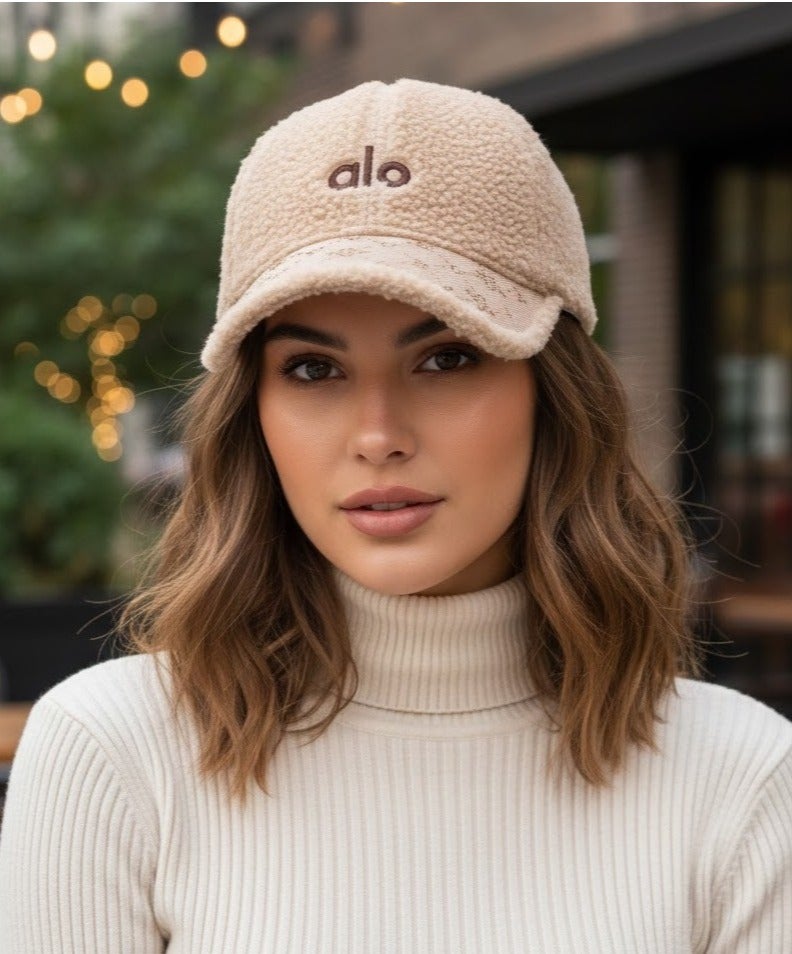 alo Women's soft fur winter cap with a trendy ALO design – stylish beige color with distinctive embroidery – a warm and comfortable hat for everyday use and winter outings - Image 1