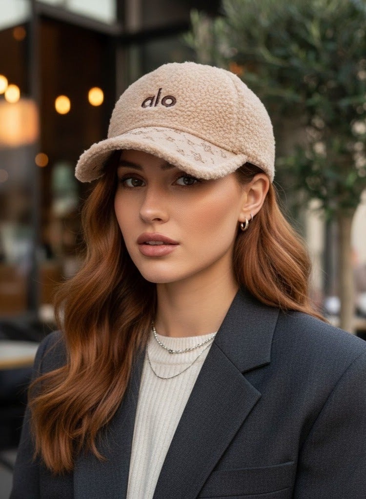 alo Women's soft fur winter cap with a trendy ALO design – stylish beige color with distinctive embroidery – a warm and comfortable hat for everyday use and winter outings - Image 3