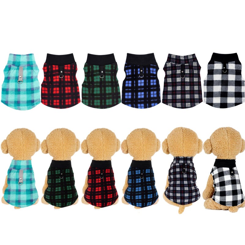 Rbenxia 6 Piece Buffalo Plaid Dog Sweater Set Soft Fleece Vest & Pullover Jacket with Leash Ring for Puppy, Cat Small Dog Pets Warm Winter Outfits (Red, Green, Blue, Black, Bright Blue, Gray, Small) - Image 4