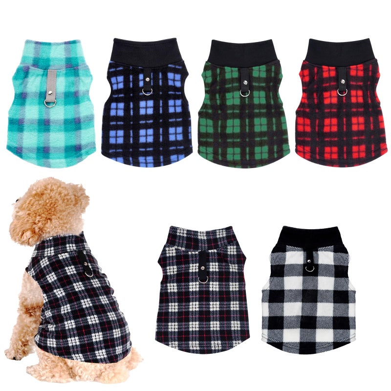 Rbenxia 6 Piece Buffalo Plaid Dog Sweater Set Soft Fleece Vest & Pullover Jacket with Leash Ring for Puppy, Cat Small Dog Pets Warm Winter Outfits (Red, Green, Blue, Black, Bright Blue, Gray, Small) - Image 1