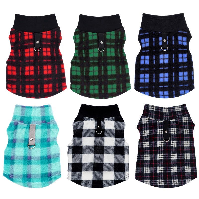 Rbenxia 6 Piece Buffalo Plaid Dog Sweater Set Soft Fleece Vest & Pullover Jacket with Leash Ring for Puppy, Cat Small Dog Pets Warm Winter Outfits (Red, Green, Blue, Black, Bright Blue, Gray, Small) - Image 2
