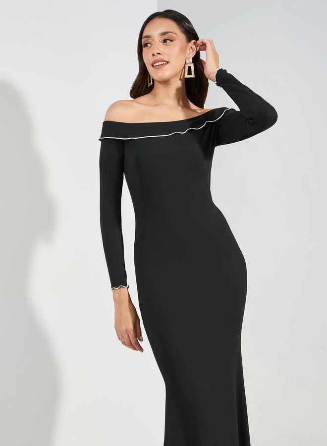 Styli Off Shoulder Neck Mermaid Hem Maxi Dress