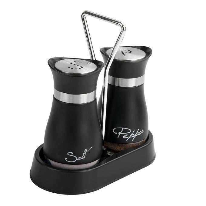 2 PCS STAINLESS STEEL AND GLASS SALT AND PEPPER SHAKER SETS WITH HOLDER BLACK