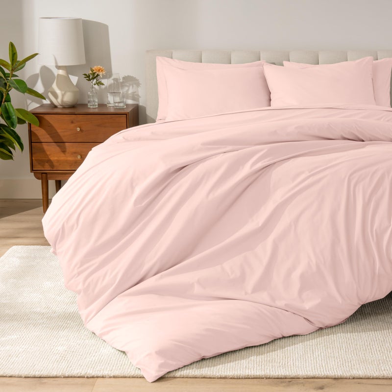 Bare Home 100 Organic Cotton Queen Duvet Cover Set Crisp Percale Weave Lightweight Breathable Cooling Duvet Cover Set Queen Dusty Pink