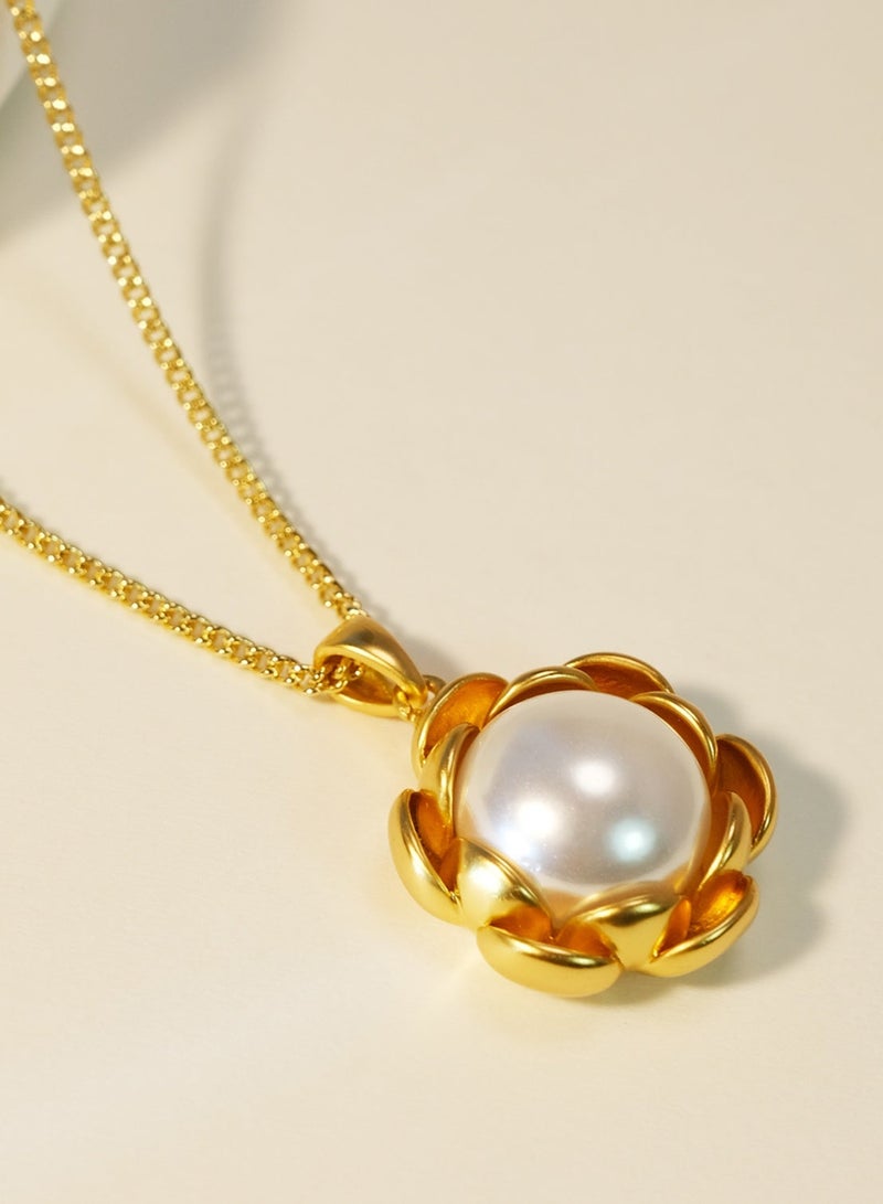 توينكسيل طقم مجوهرات مكون من قطعتين: خاتم وقلادة، مطلي بالنحاس بذهب عيار 18 قيراطًا، خاتم مفتوح على شكل بتلة وقلادة مع لؤلؤ، طراز ريترو عصري فاخر وخفيف - Image 5