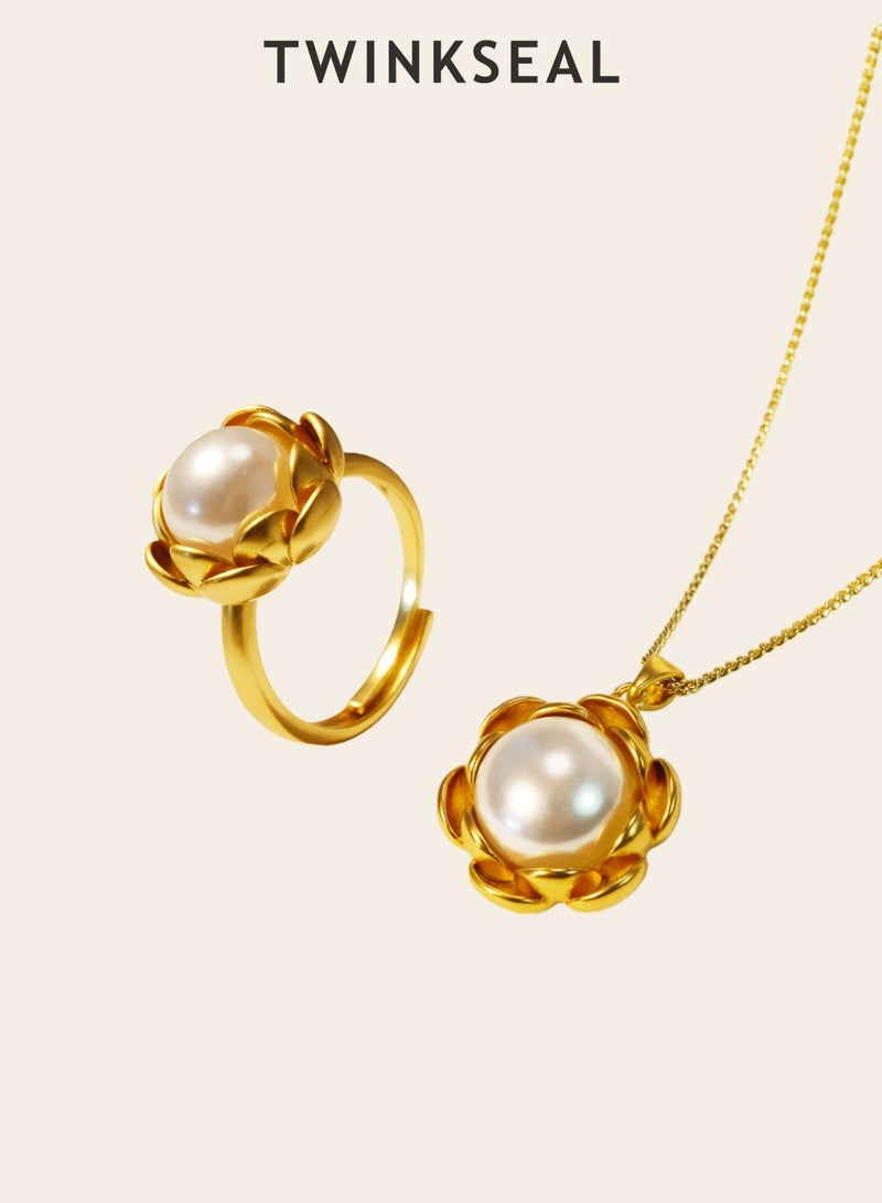 توينكسيل طقم مجوهرات مكون من قطعتين: خاتم وقلادة، مطلي بالنحاس بذهب عيار 18 قيراطًا، خاتم مفتوح على شكل بتلة وقلادة مع لؤلؤ، طراز ريترو عصري فاخر وخفيف - Image 2