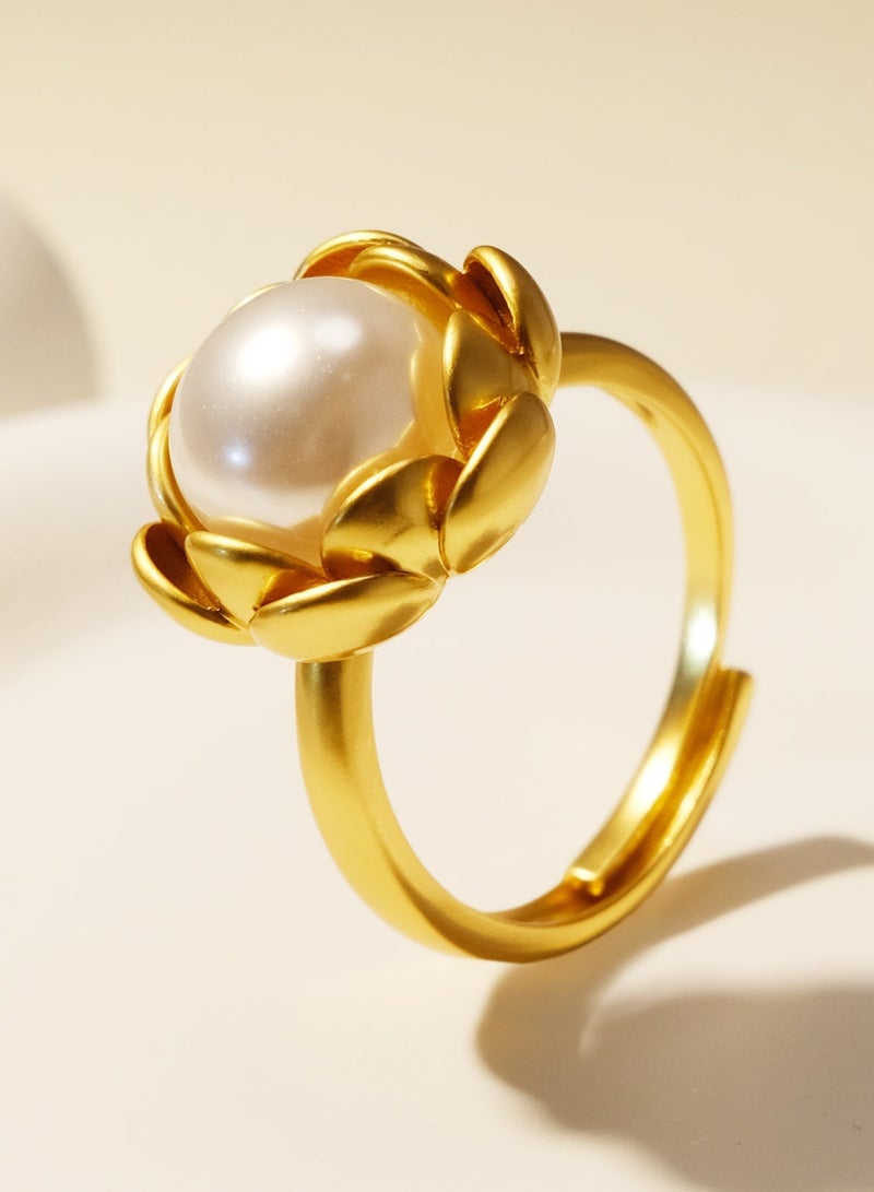 توينكسيل طقم مجوهرات مكون من قطعتين: خاتم وقلادة، مطلي بالنحاس بذهب عيار 18 قيراطًا، خاتم مفتوح على شكل بتلة وقلادة مع لؤلؤ، طراز ريترو عصري فاخر وخفيف - Image 3