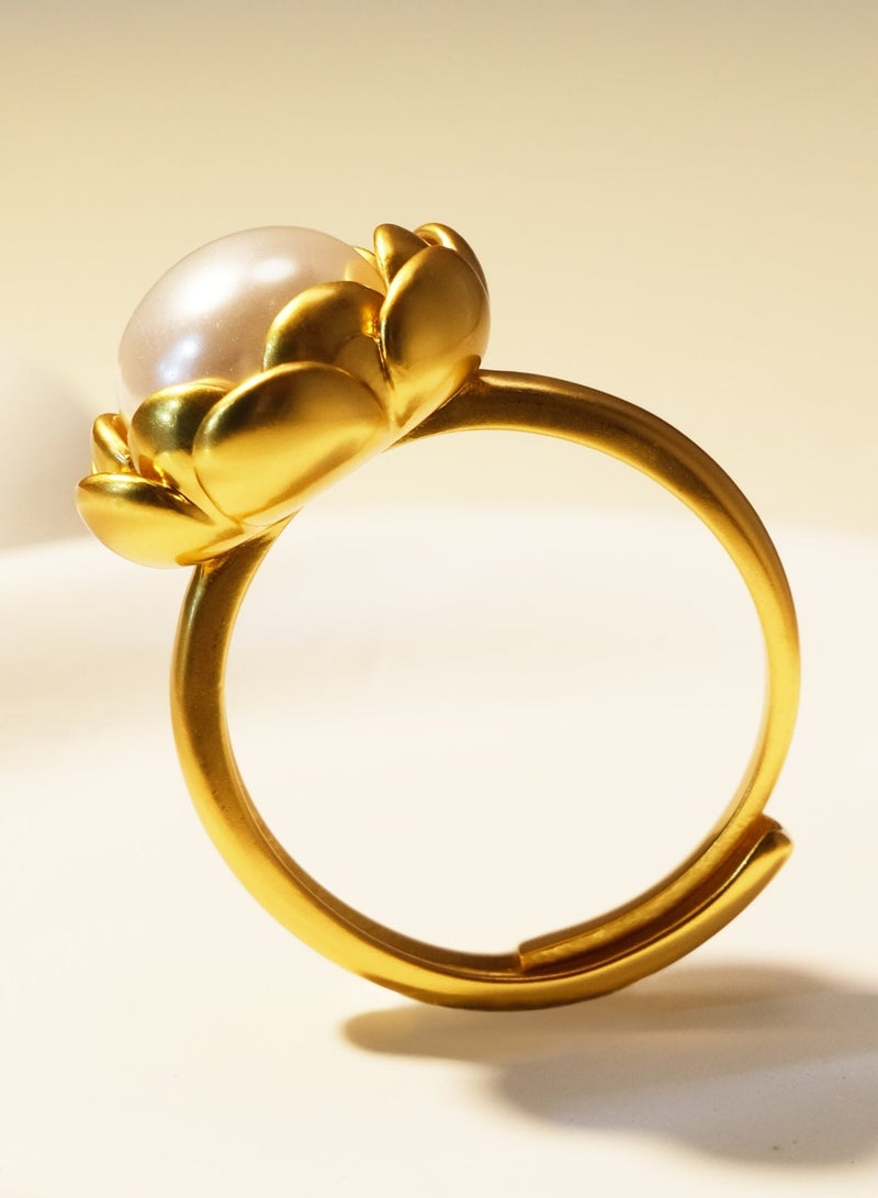 توينكسيل طقم مجوهرات مكون من قطعتين: خاتم وقلادة، مطلي بالنحاس بذهب عيار 18 قيراطًا، خاتم مفتوح على شكل بتلة وقلادة مع لؤلؤ، طراز ريترو عصري فاخر وخفيف - Image 4