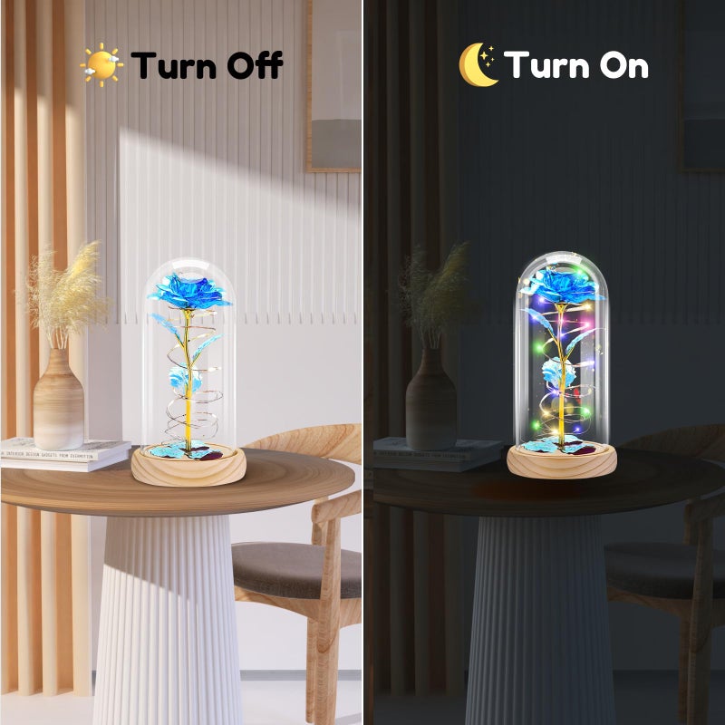 Otlonpe Rose Flower Gifts for Women Mothers Day Flowers Gifts for Mom Wife Grandma Birthday Gifts for Women Led Light Up Glass Rose Handmade Flower Women Gifts for Mothers Day Christmas (Wood Blue) - Image 3