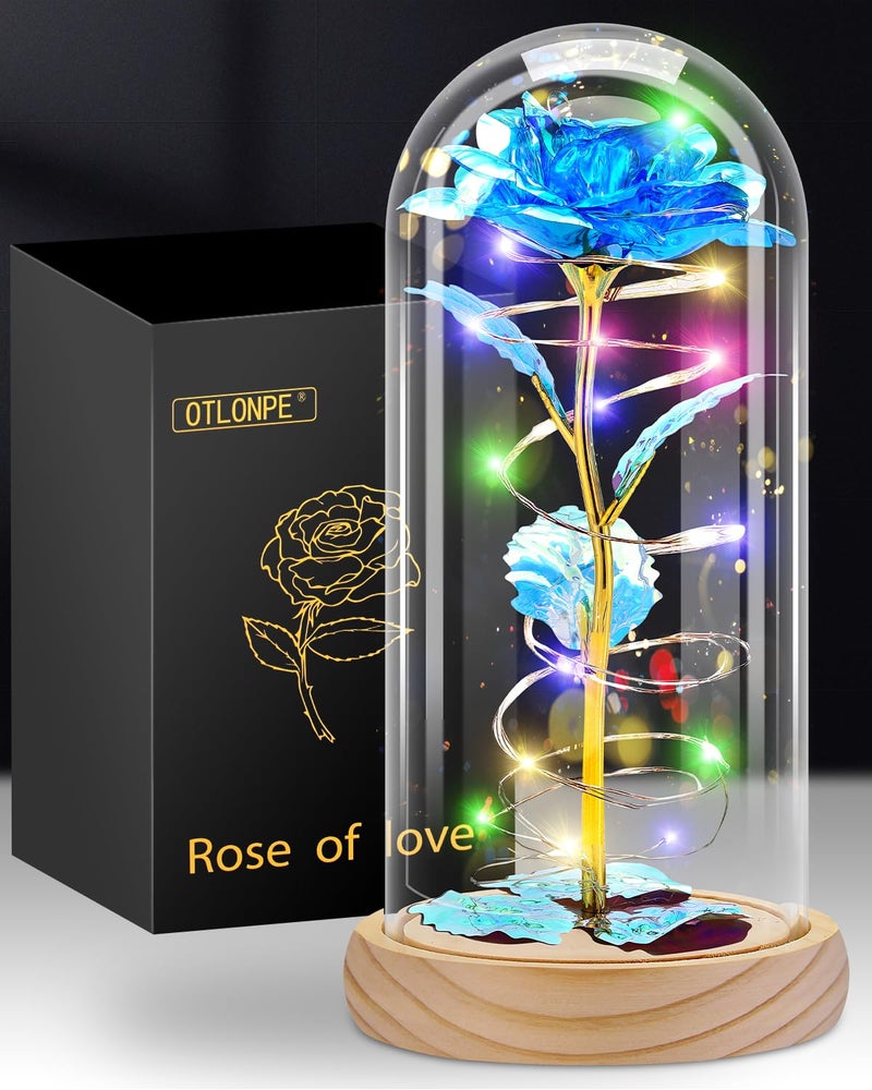 Otlonpe Rose Flower Gifts for Women Mothers Day Flowers Gifts for Mom Wife Grandma Birthday Gifts for Women Led Light Up Glass Rose Handmade Flower Women Gifts for Mothers Day Christmas (Wood Blue) - Image 1